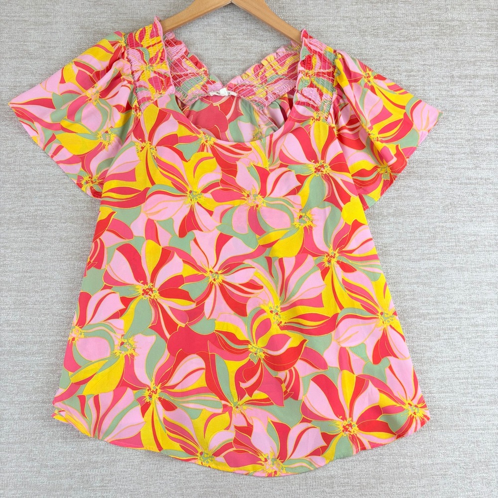 Pleione V-Neck Short Flutter Sleeve Blouse Smocked Womens L Pink Floral Boho EUC